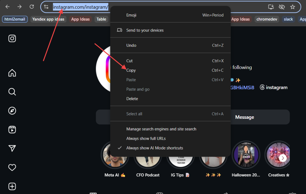 Screenshot showing how to copy the Instagram URL directly from the browser address bar - select the URL and copy it